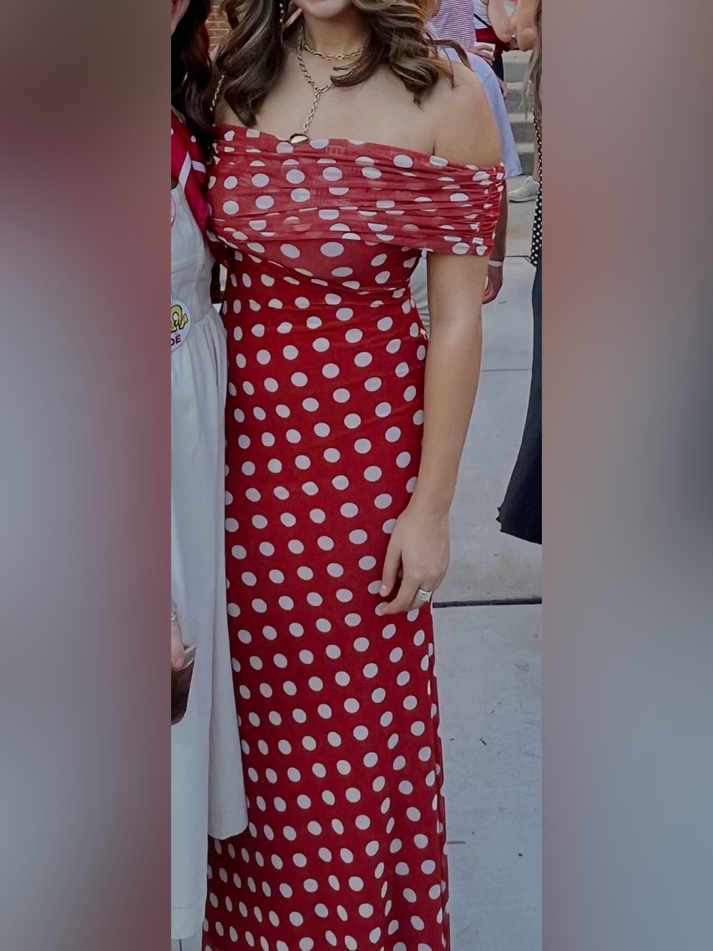 AFRM Red Polka Dot One-Shoulder Maxi Dress